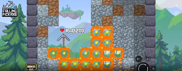 Pixelgrafik und Bergbauatmosphäre in Falling Pickaxe